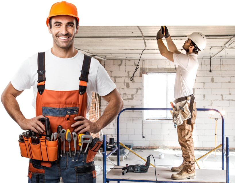 A man in an orange and white hat holding tools.